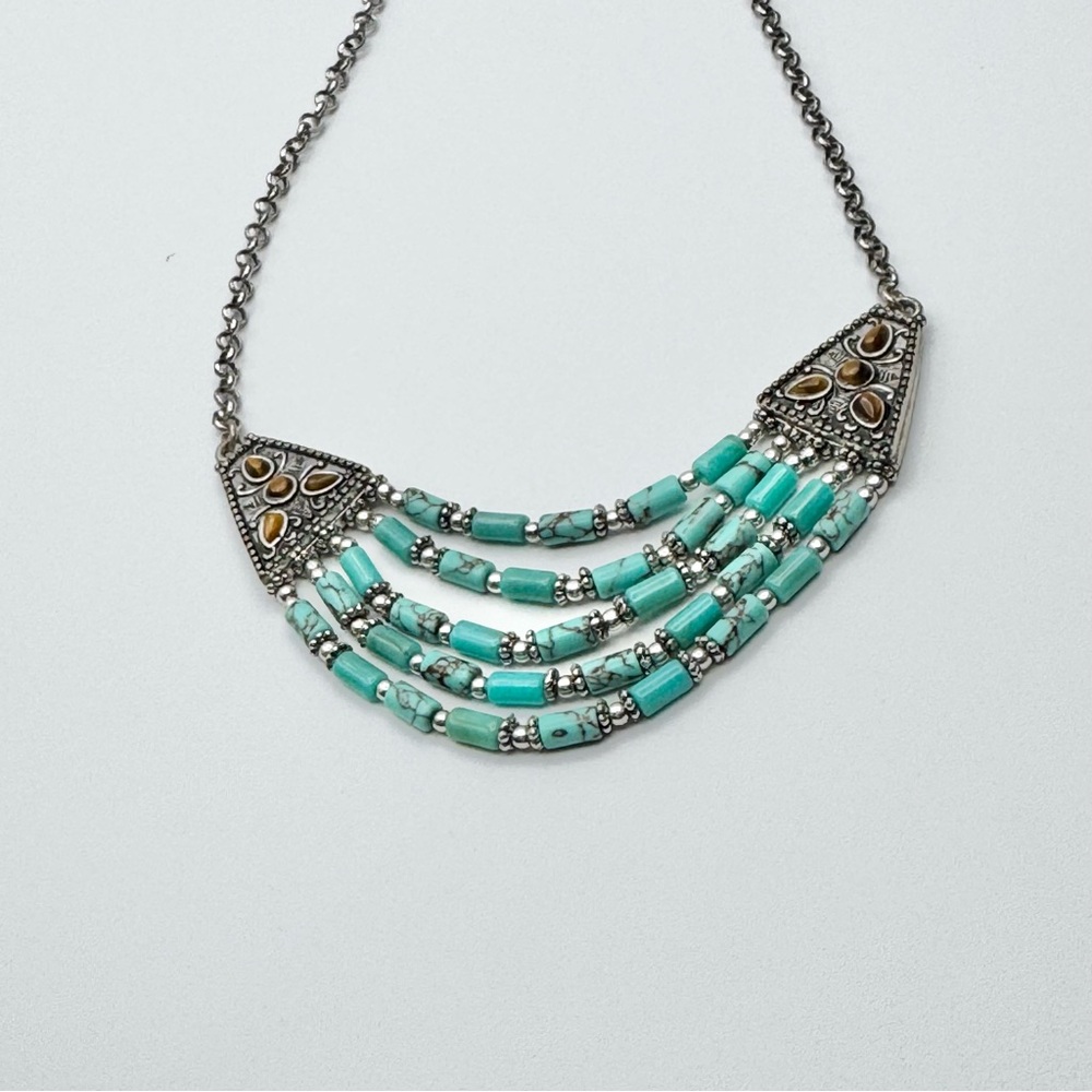 Vintage Turquoise Silver Adjustable Necklace Gemstone Embossed - Picture 12 of 12